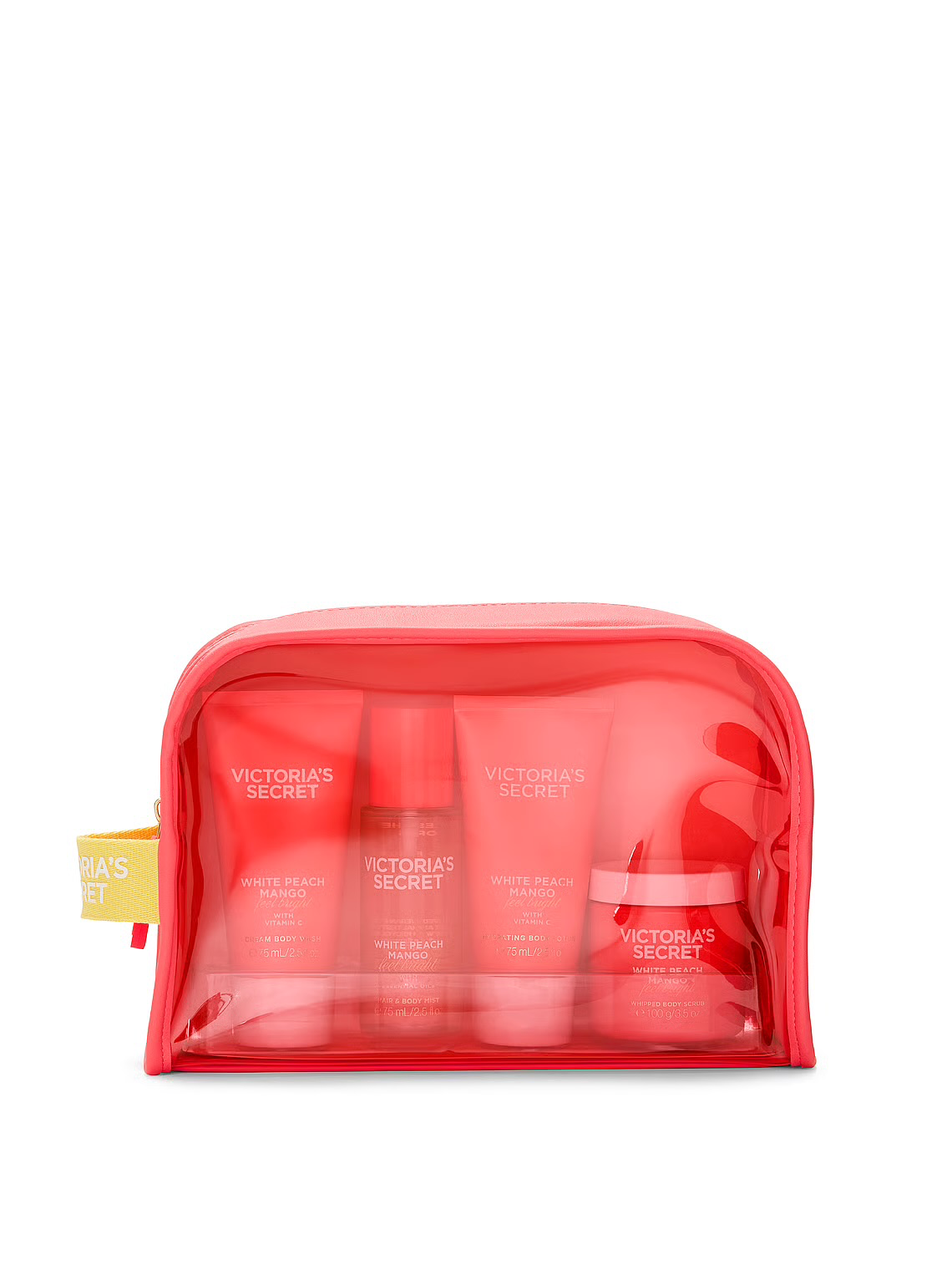 Victoria's Secret Set de regalo de cuidado corporal de melocotón blanco y mango con bolsa de viaje reutilizable.